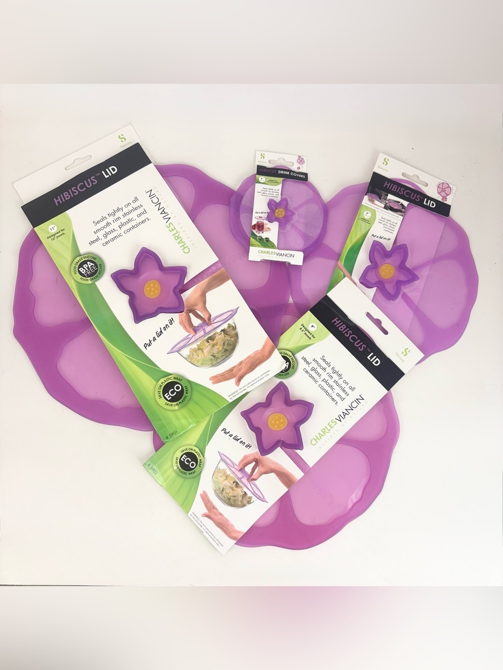 Charles Viancin Purple Hibiscus Set Of 4 New Silicone Lids Food Drink Storage